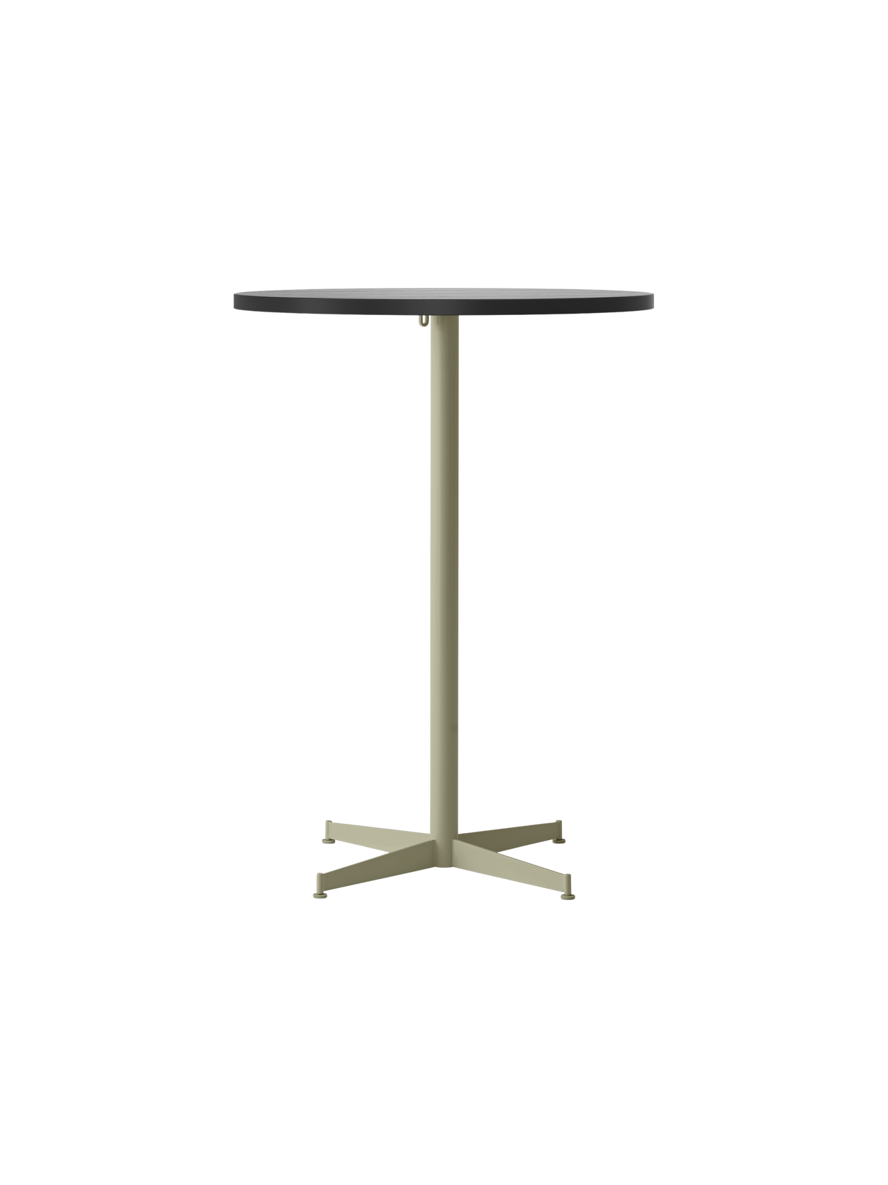 A front-on image of the Nook Bar Table, with a square, dark charcoal tabletop and slim, ivory single-column base.