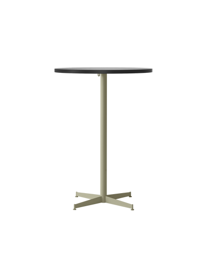 A front-on image of the Nook Bar Table, with a square, dark charcoal tabletop and slim, ivory single-column base.