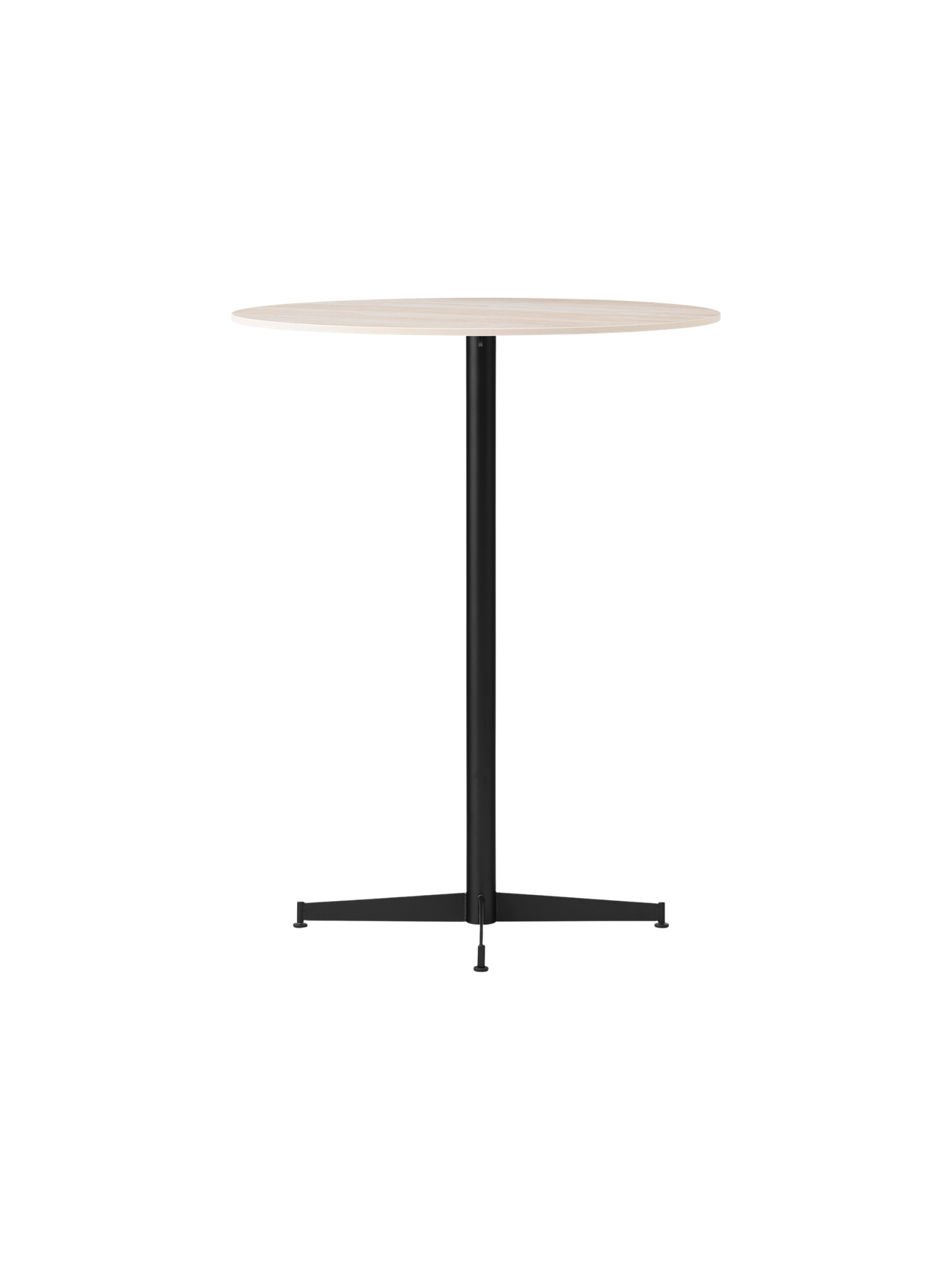 Angled view of the Nook Bar Table, with a round, light-coloured tabletop and a black powder-coated steel pedestal base.