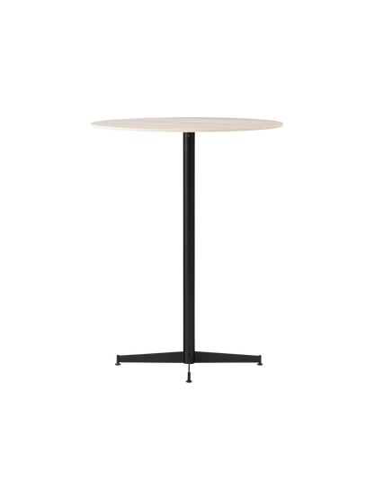 Angled view of the Nook Bar Table, with a round, light-coloured tabletop and a black powder-coated steel pedestal base.