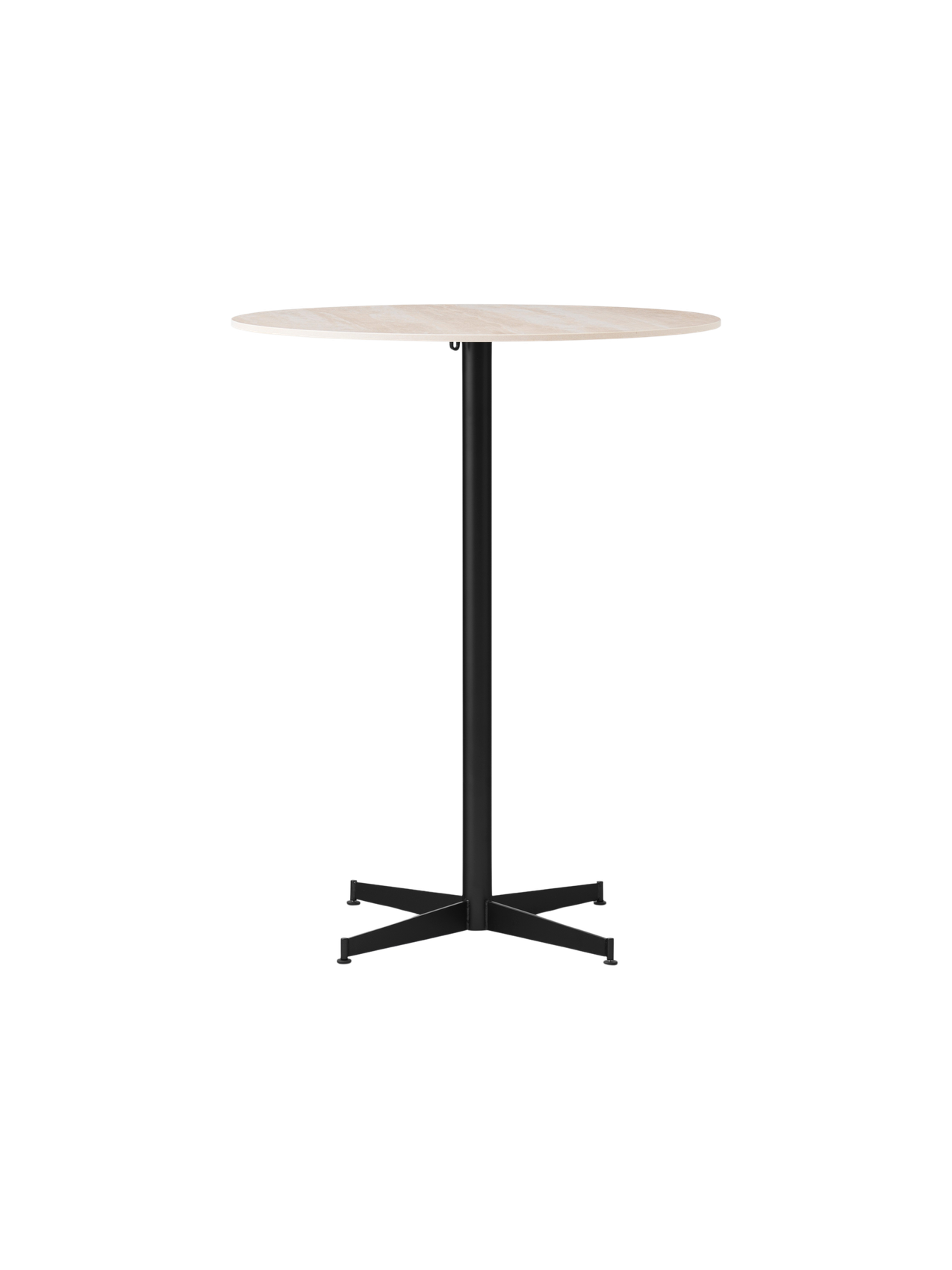 Front view of the Nook Bar Table featuring a light-coloured round marble top and a slender black powder-coated steel base.