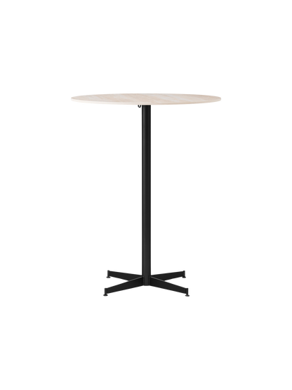 Front view of the Nook Bar Table featuring a light-coloured round marble top and a slender black powder-coated steel base.