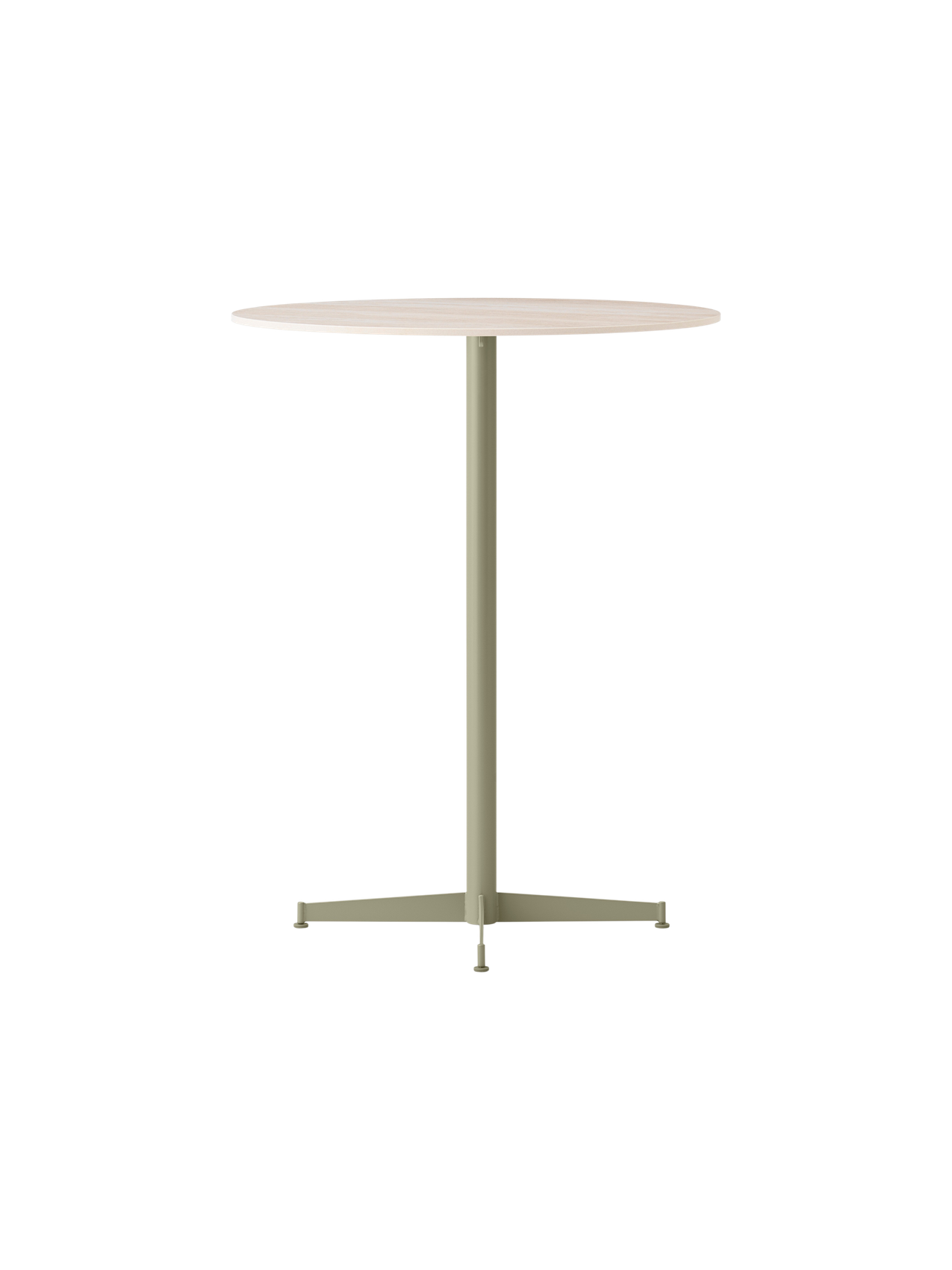 The Nook Bar Table shown at an angle, featuring a round, light-coloured tabletop and a tall pedestal base in an olive finish.