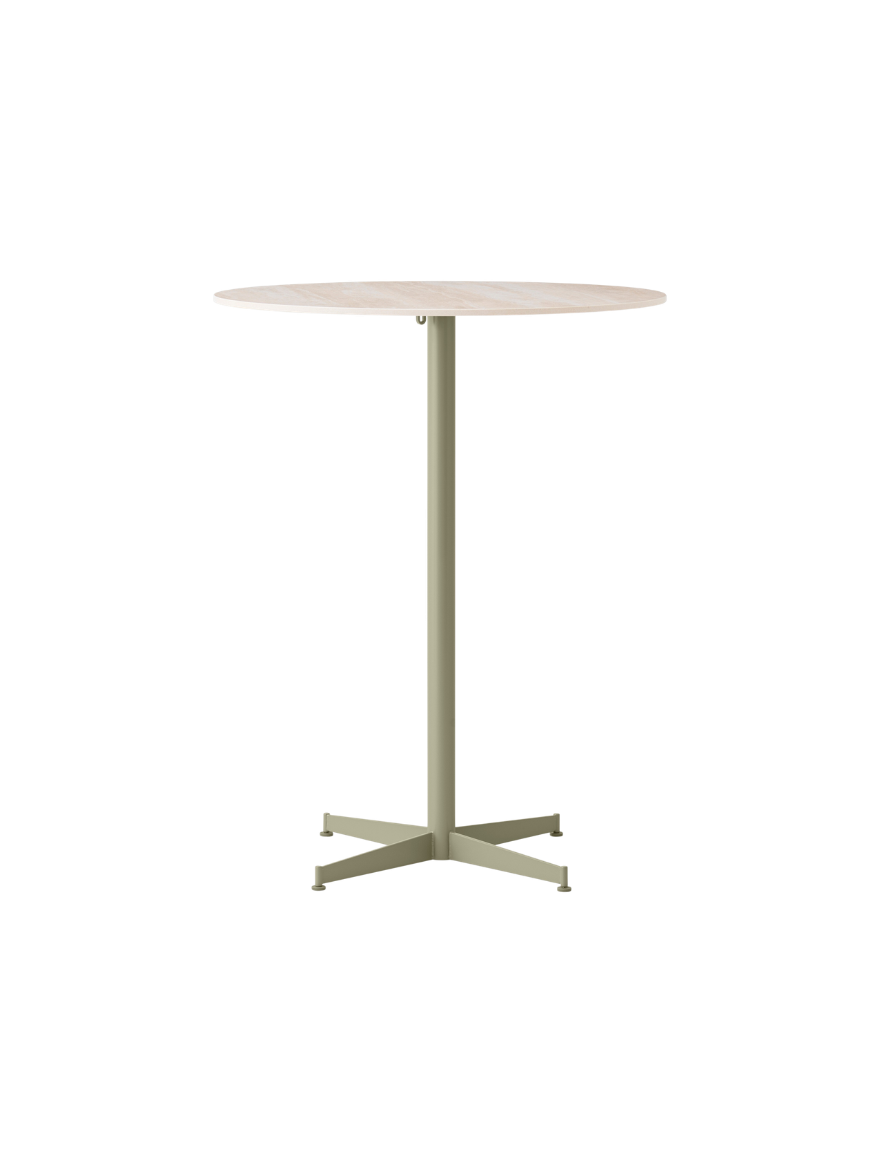 Front view of the Nook Bar Table with a round, light-coloured stone top and a slim, olive-coloured central pedestal base.