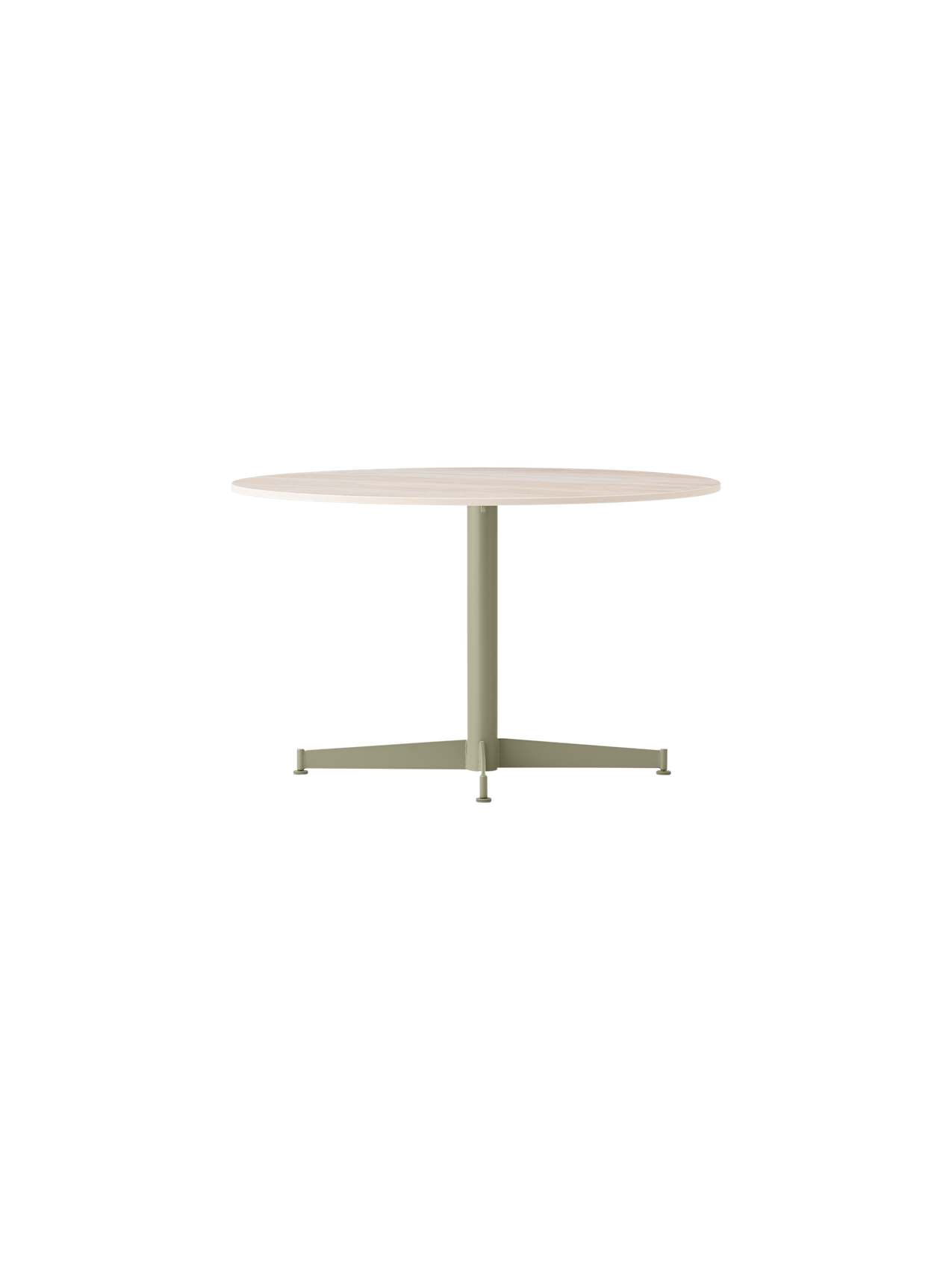 An angled view of the Nook Lounge Table, featuring a light-coloured stone top and an olive green four-star pedestal base.