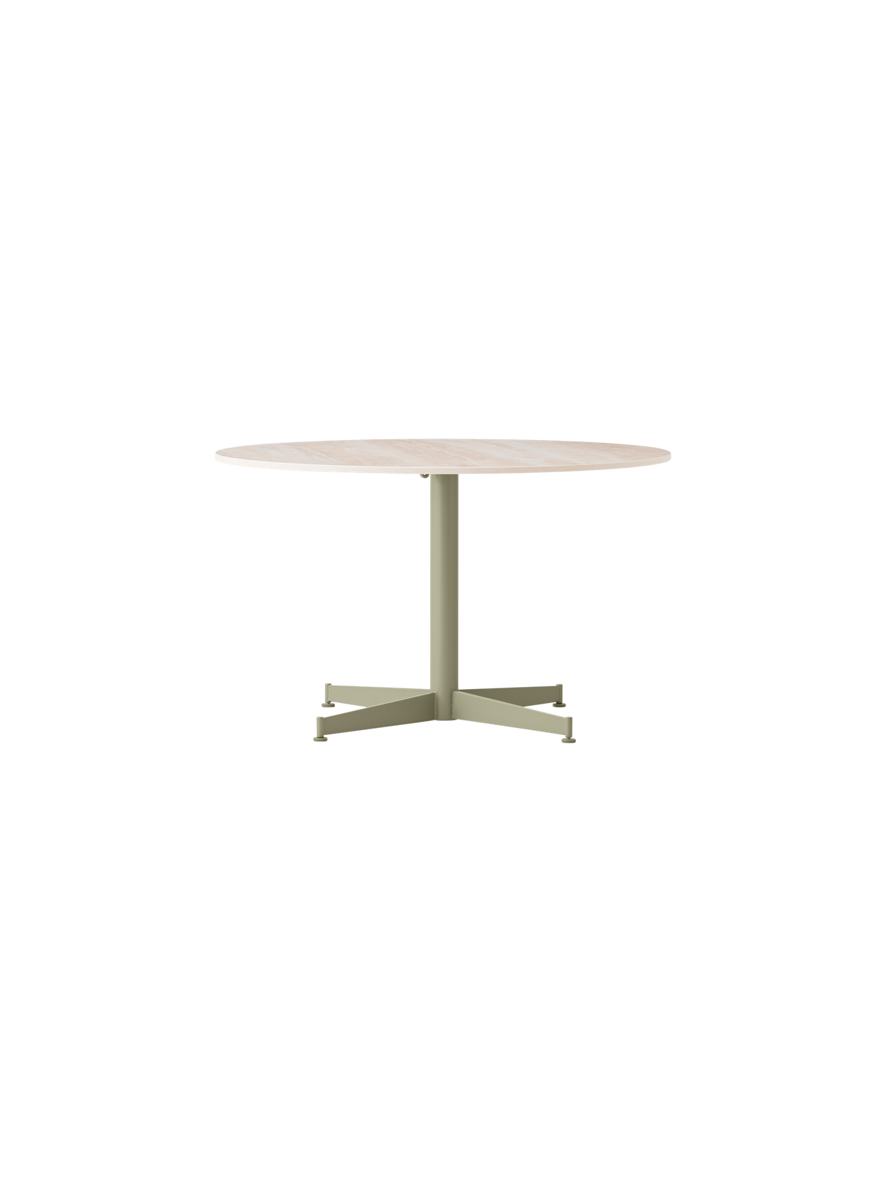 Front view of the Nook Lounge Table, featuring a round Kunis Breccia stone top and an olive-coloured four-star metal base.