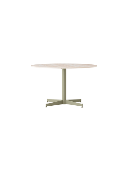 Front view of the Nook Lounge Table, featuring a round Kunis Breccia stone top and an olive-coloured four-star metal base.