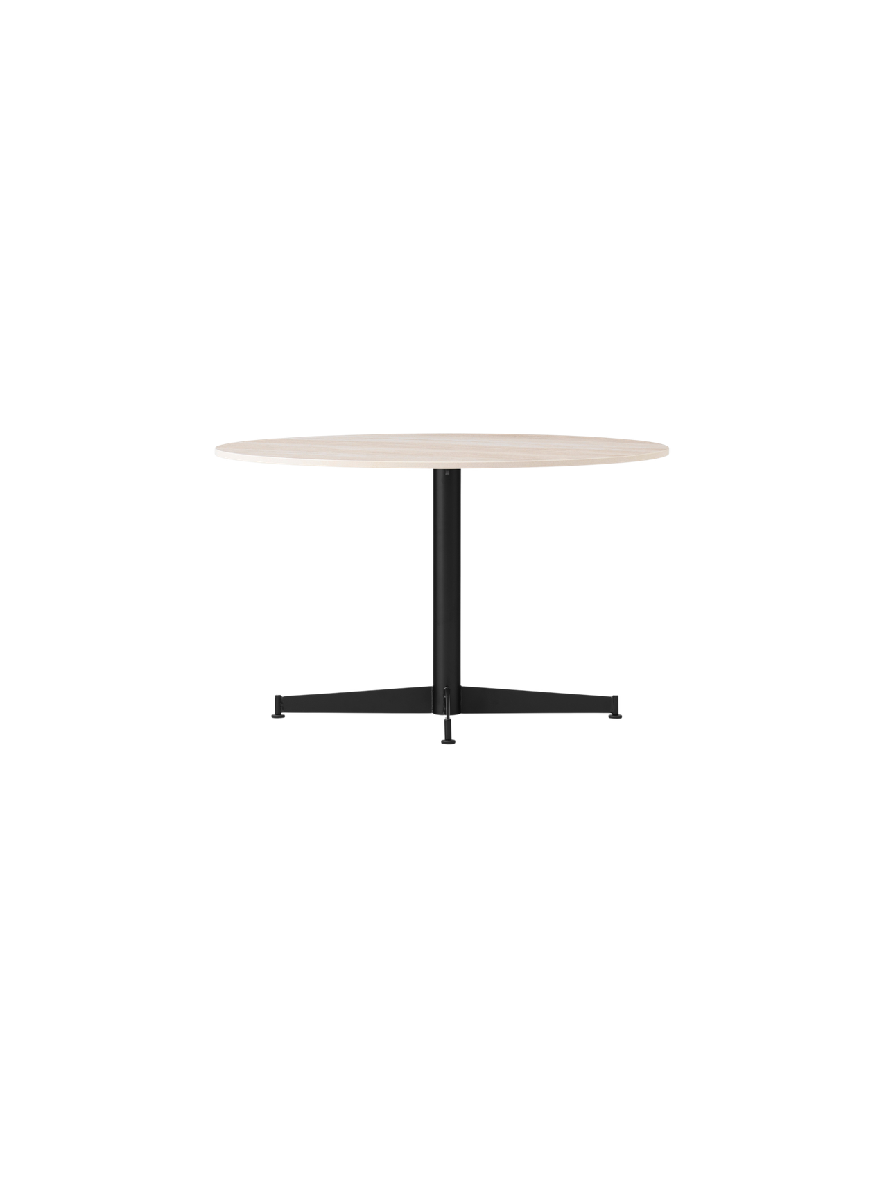 The Nook Lounge Table, shown at an angle, with a round, light-coloured stone top and a black four-star metal base.
