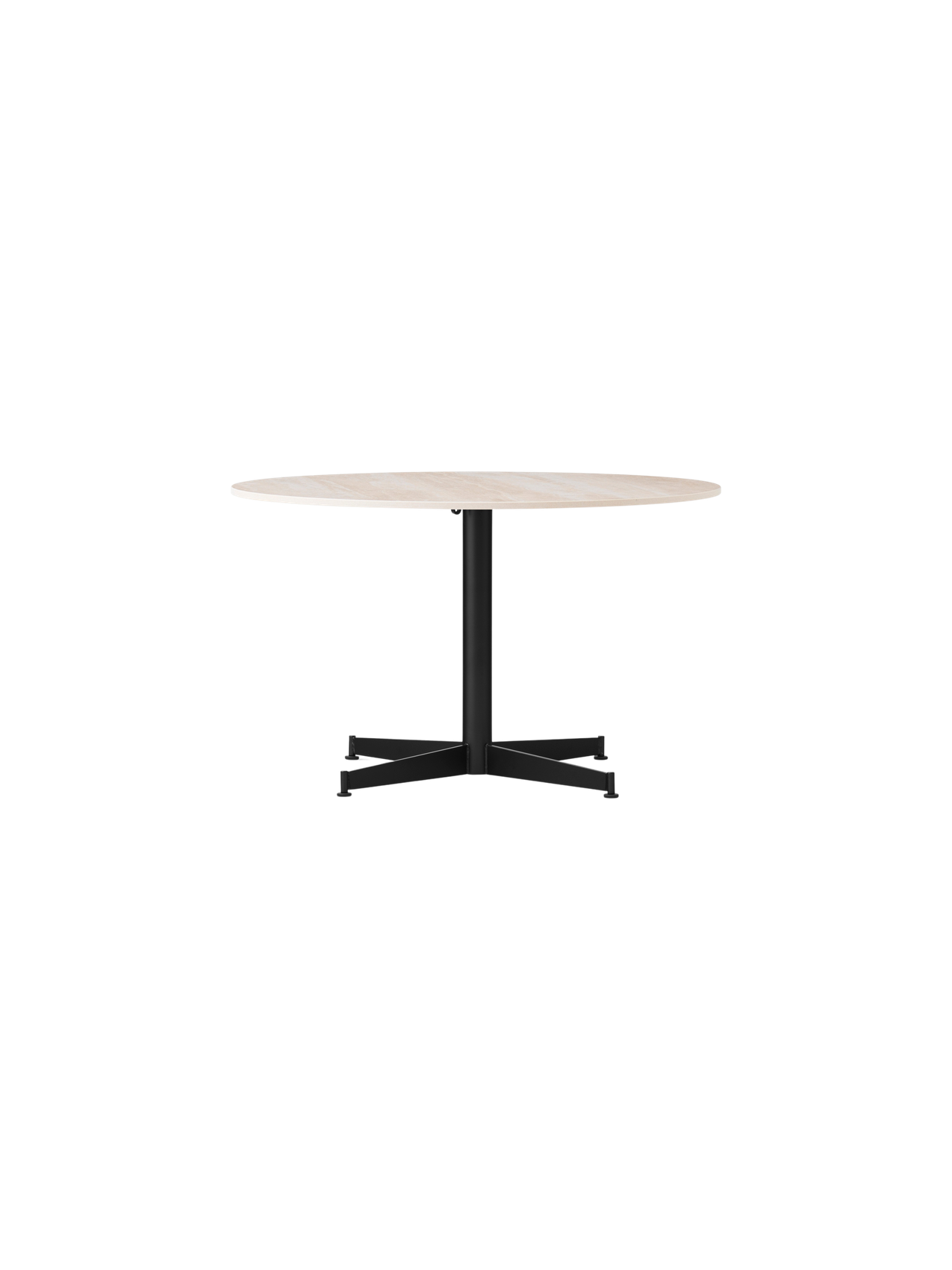 Front view of the Nook Lounge Table with a round Estremoz Marble top and a black powder-coated four-star base.