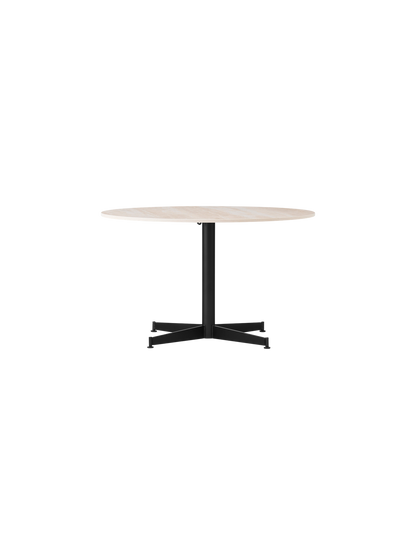 Front view of the Nook Lounge Table with a round Estremoz Marble top and a black powder-coated four-star base.
