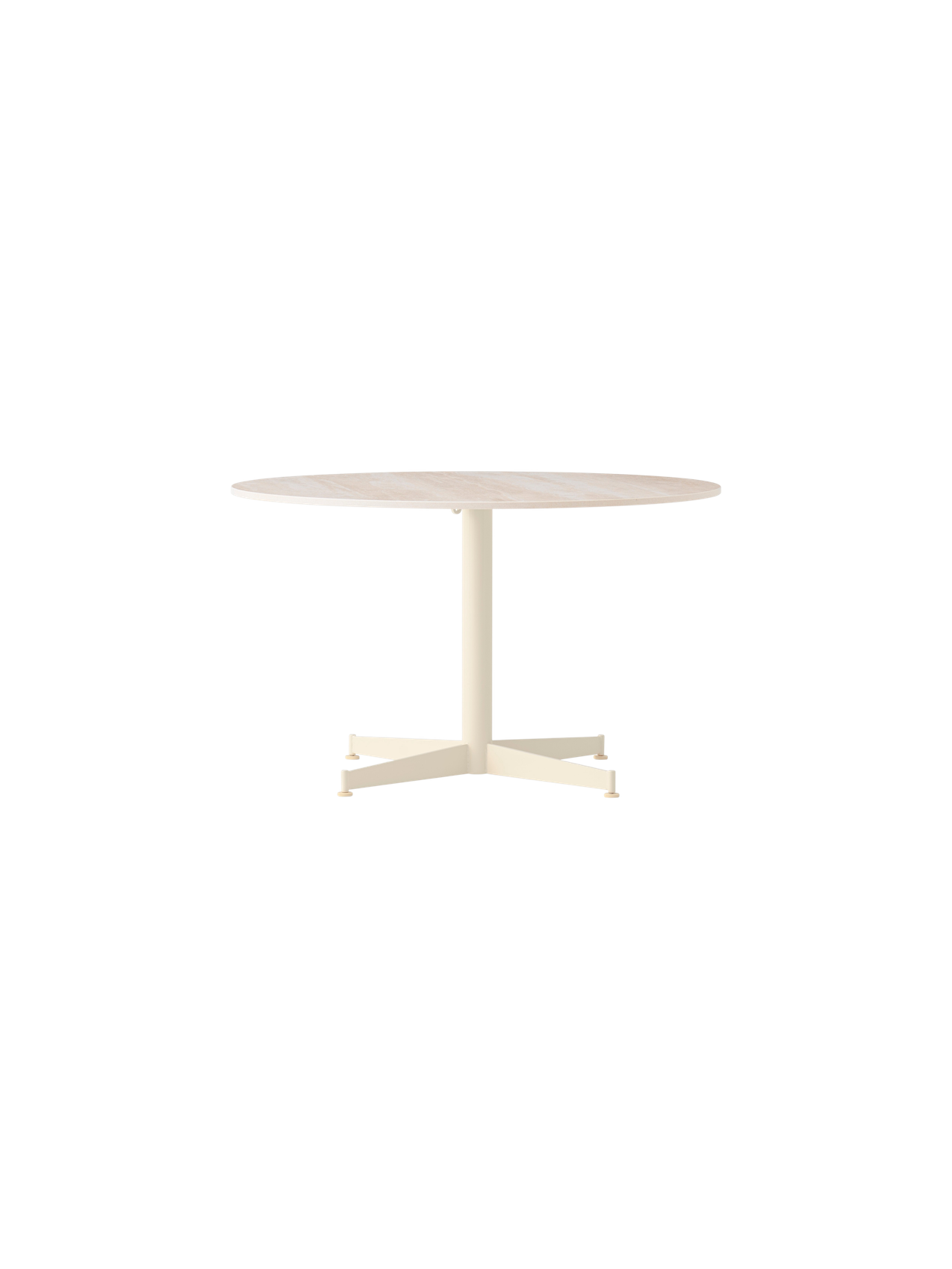 Front view of the Nook Lounge Table with a round Kunis Breccia stone top and a four-star ivory base.