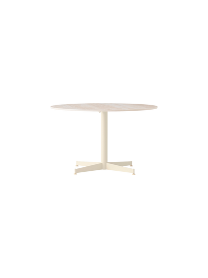 Front view of the Nook Lounge Table with a round Kunis Breccia stone top and a four-star ivory base.