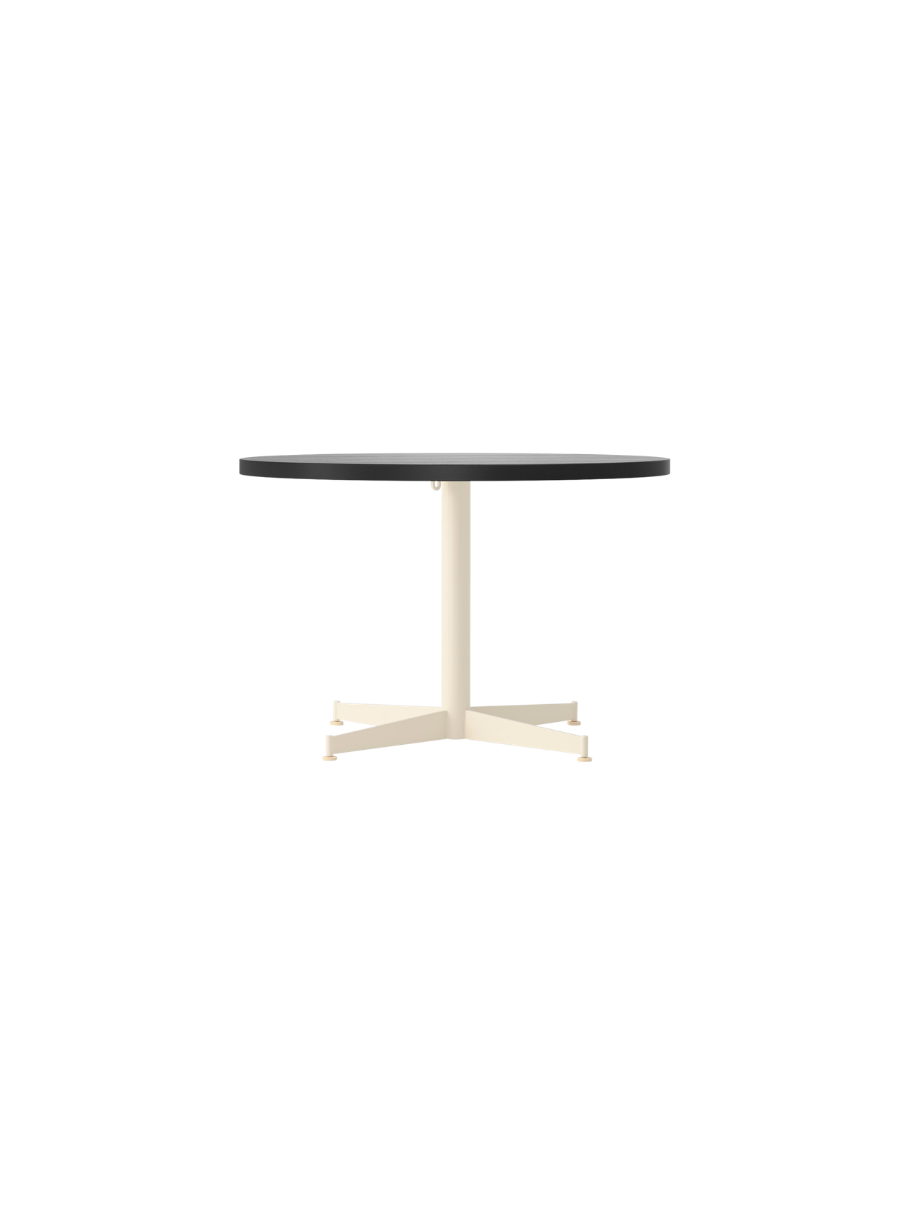 Front view of the Nook Lounge Table, featuring a round charcoal linoleum tabletop on a slender ivory stem and four-star base.