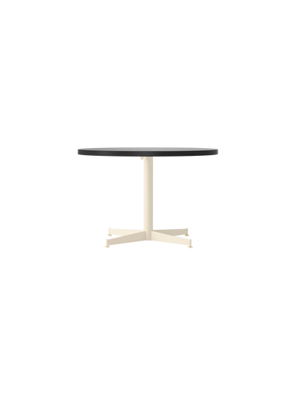 Front view of the Nook Lounge Table, featuring a round charcoal linoleum tabletop on a slender ivory stem and four-star base.