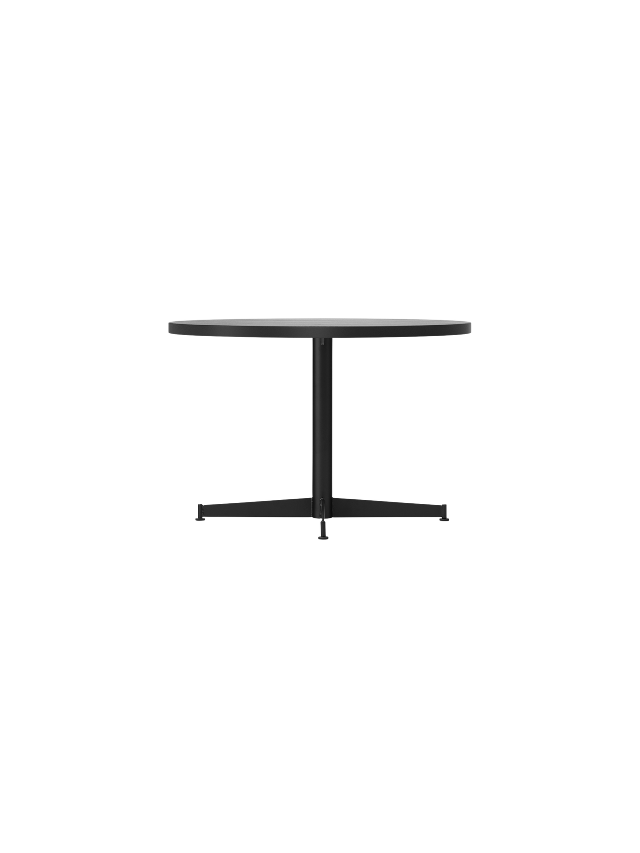 Front view of the Nook Lounge Table, featuring a round, light-coloured marble top and a black, four-star metal base.