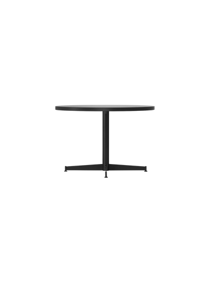 Front view of the Nook Lounge Table, featuring a round, light-coloured marble top and a black, four-star metal base.