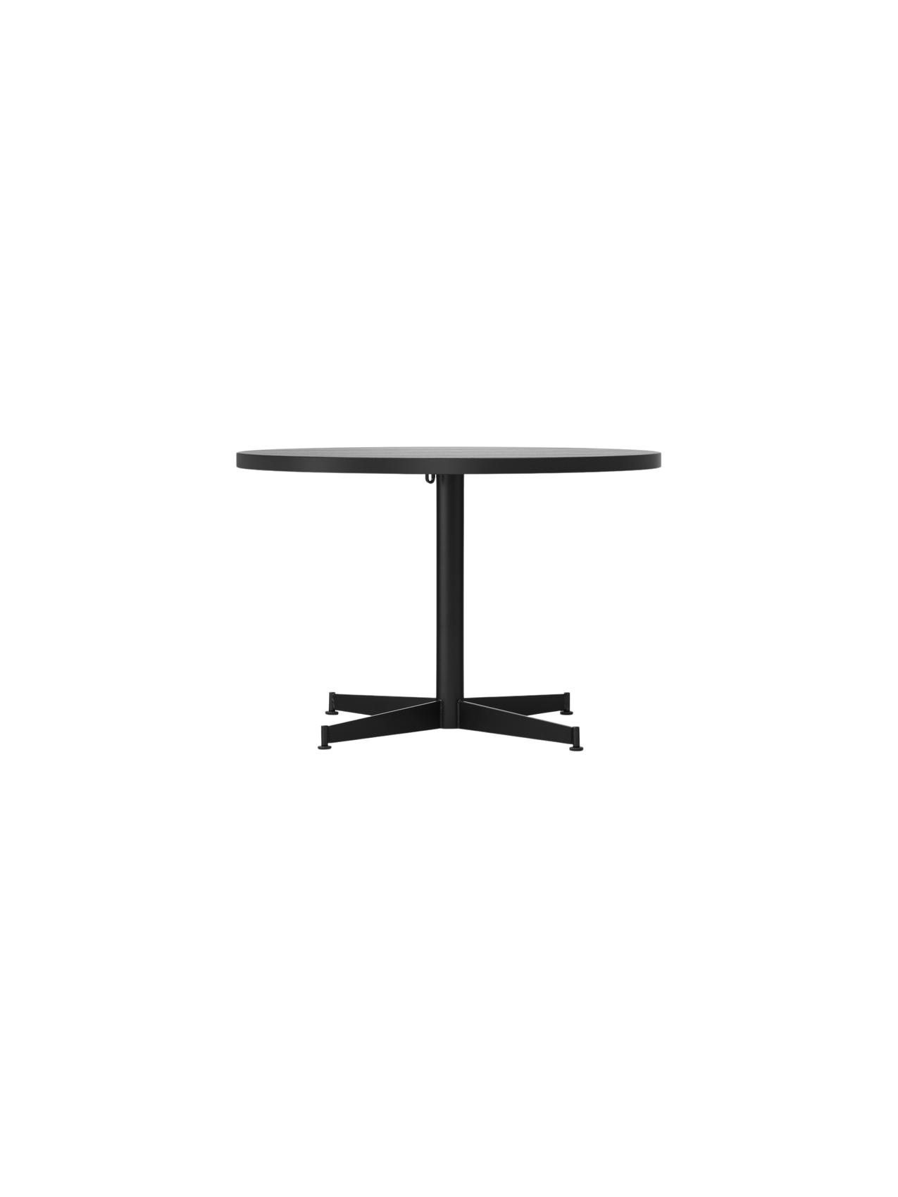 Front view of the Nook Lounge Table, featuring a round, light-coloured marble top and a black four-star pedestal base.