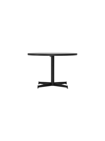 Front view of the Nook Lounge Table, featuring a round, light-coloured marble top and a black four-star pedestal base.