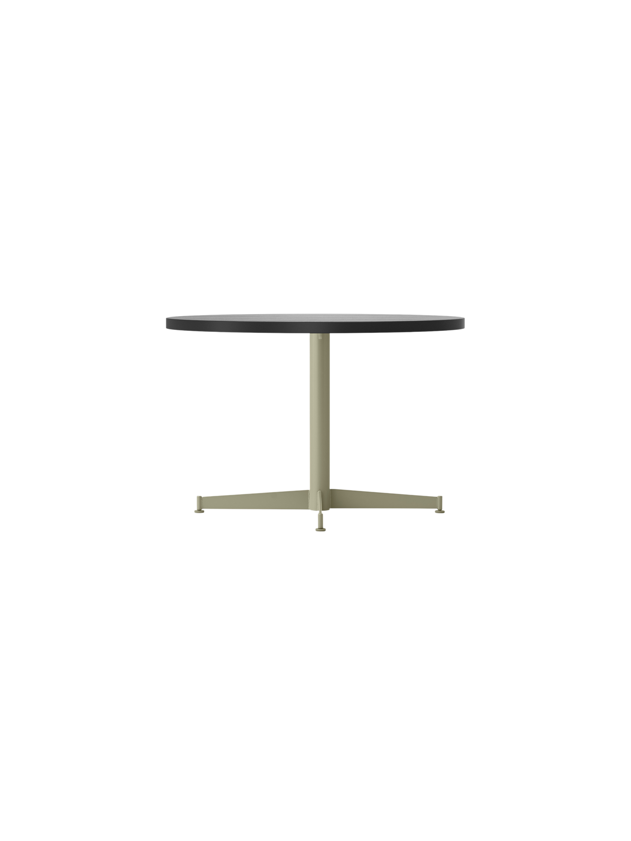 Front view of the Nook Lounge Table, featuring a dark charcoal linoleum top and an olive-coloured four-star steel base.
