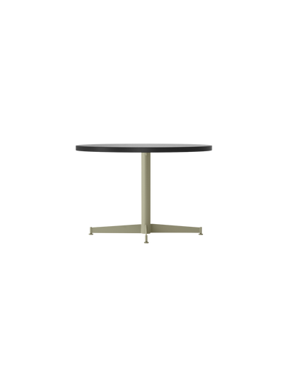 Front view of the Nook Lounge Table, featuring a dark charcoal linoleum top and an olive-coloured four-star steel base.