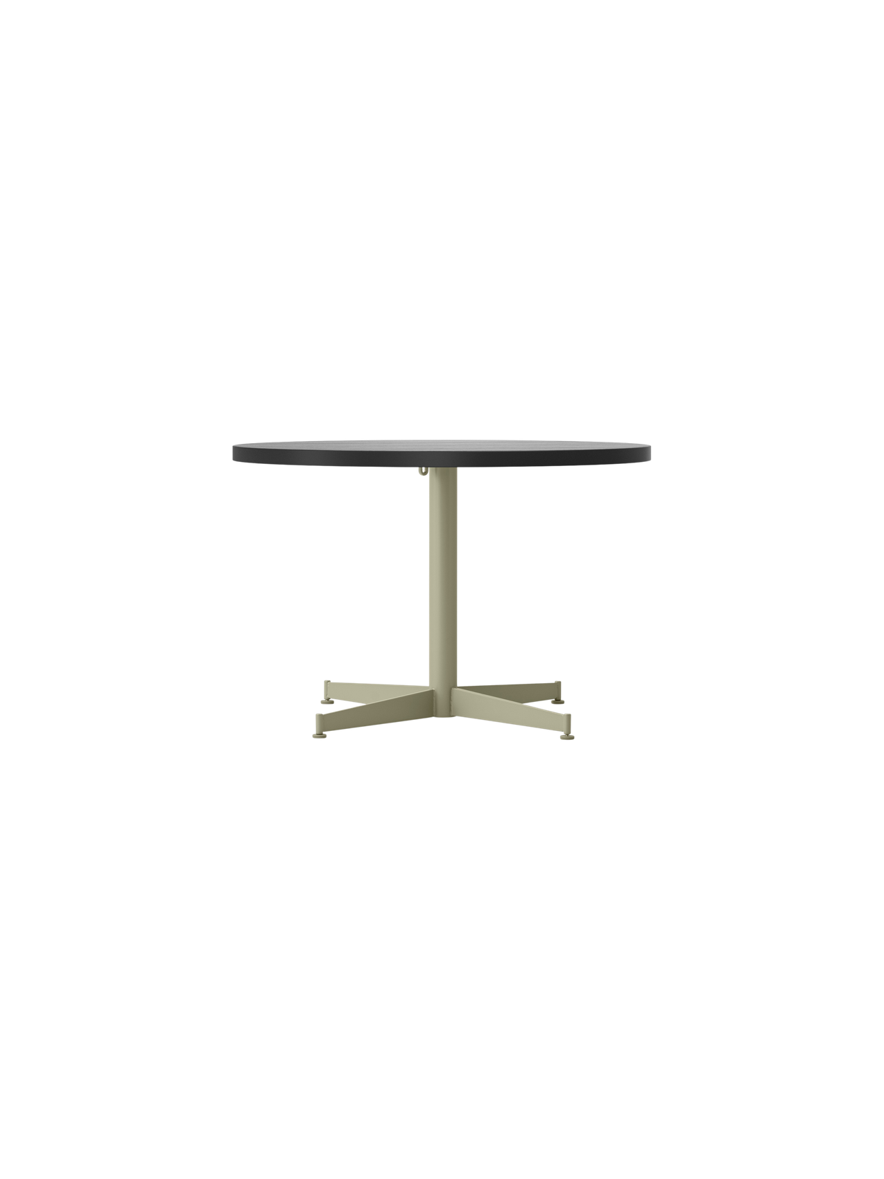 Front view of the Nook Lounge Table with a charcoal linoleum top and an olive powder-coated steel four-star base.