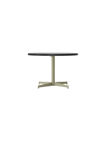Front view of the Nook Lounge Table with a charcoal linoleum top and an olive powder-coated steel four-star base.