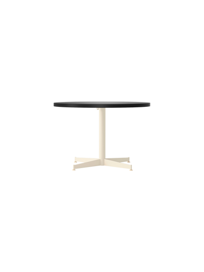 Front view of the Nook Lounge Table with a Linoleum Charcoal top and an Ivory powder-coated steel four-star base.