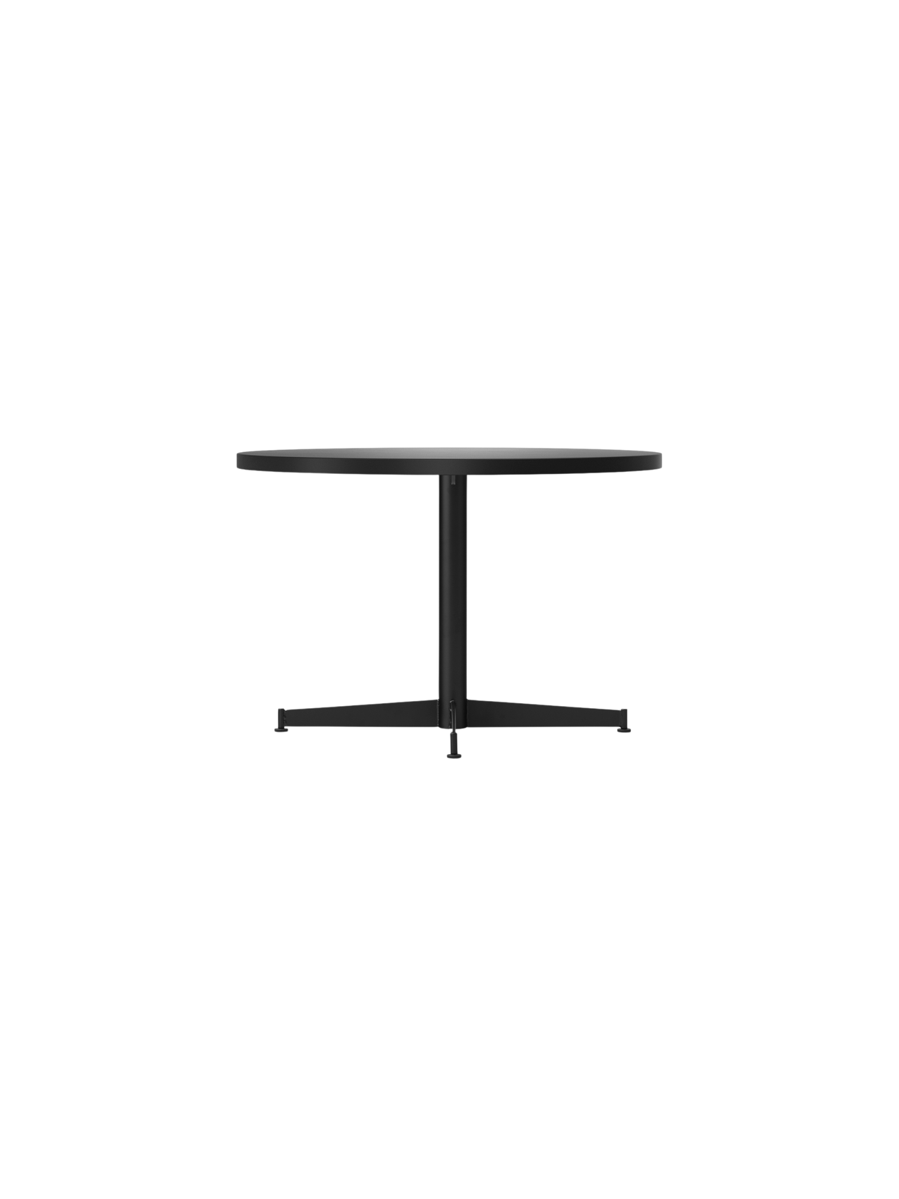 Side view of the black Nook Lounge Table, featuring a round top, a slender central stem, and a stable four-star base.