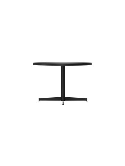 Side view of the black Nook Lounge Table, featuring a round top, a slender central stem, and a stable four-star base.