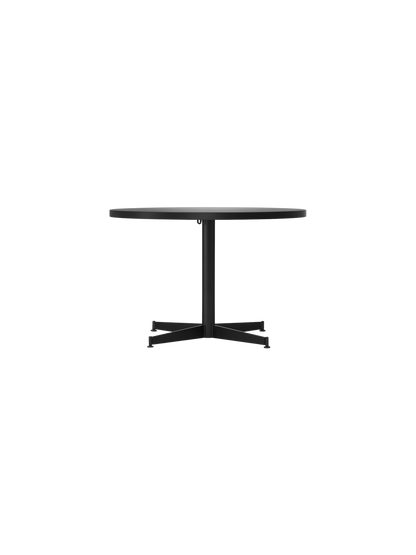 Front view of the Nook Lounge Table, shown with a charcoal linoleum tabletop and a black powder-coated steel four-star base.