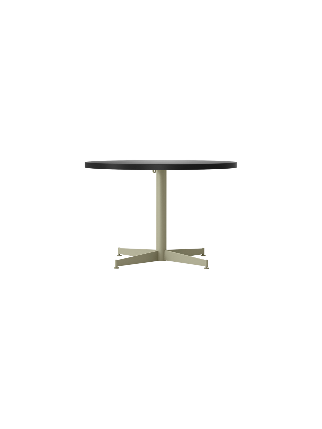 Front view of the Nook Lounge Table with a charcoal linoleum top and a four-star pedestal base in an olive finish.