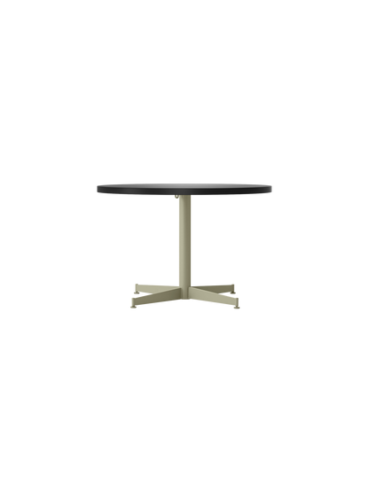 Front view of the Nook Lounge Table with a charcoal linoleum top and a four-star pedestal base in an olive finish.