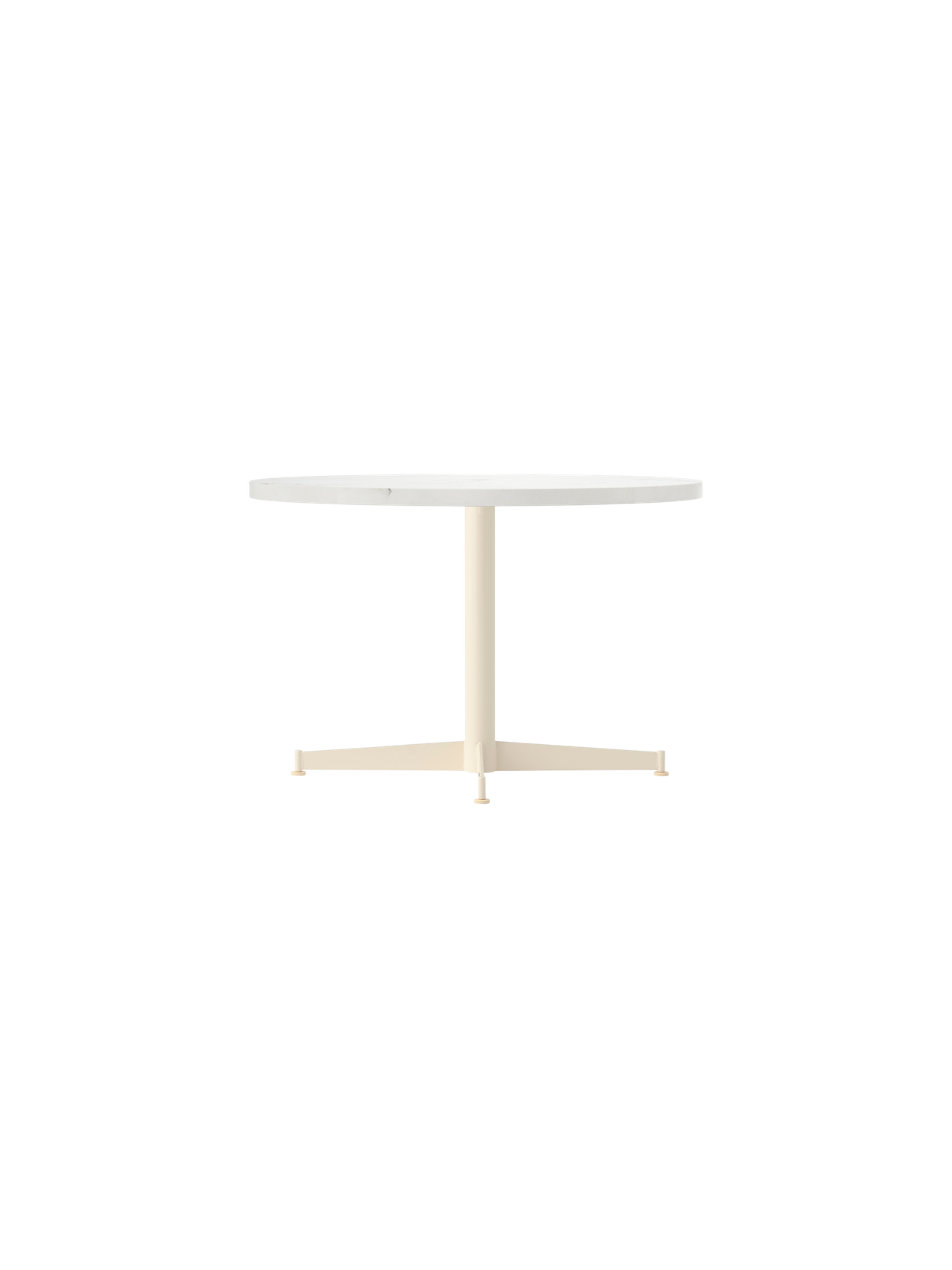 Angled view of the Nook Lounge Table featuring a round, light-coloured tabletop and an ivory four-star pedestal base.