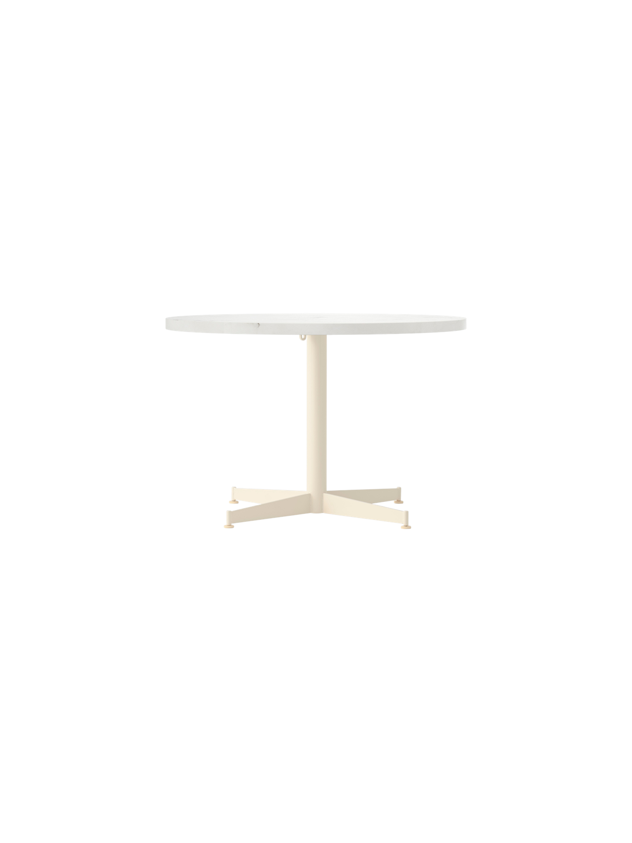 Front view of the Nook Lounge Table with a round Estremoz marble top and a slender, ivory powder-coated four-star base.