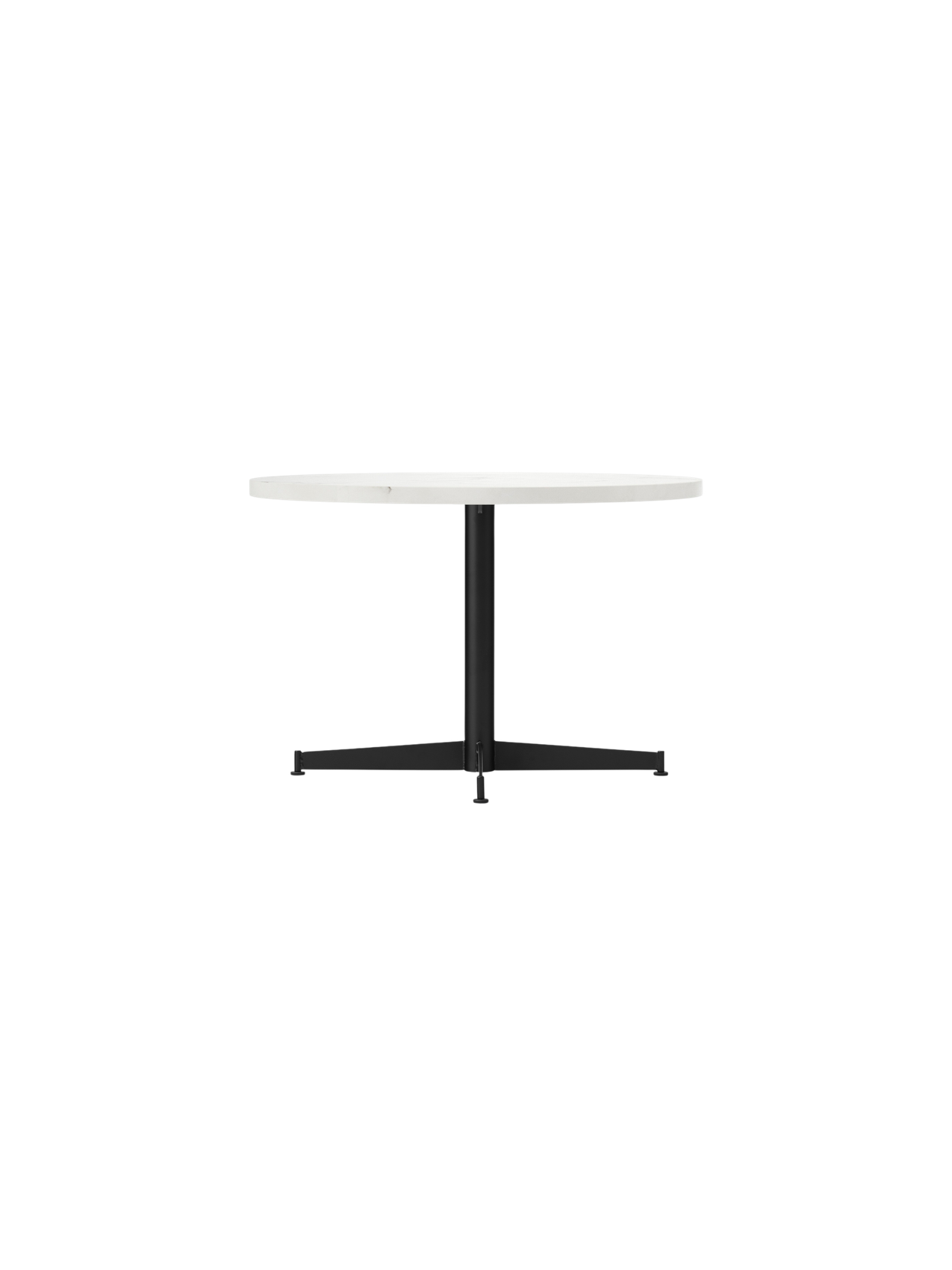 Nook Lounge Table shown from the front, with a round, light top and a slender black four-star base.