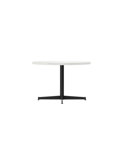 Nook Lounge Table shown from the front, with a round, light top and a slender black four-star base.