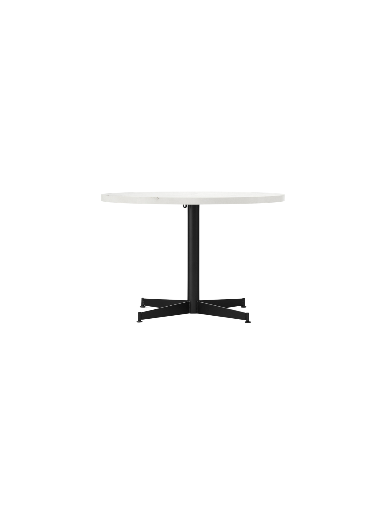 Front view of the Nook Lounge Table, featuring a white Estremoz marble top and a black powder-coated steel four-star base.