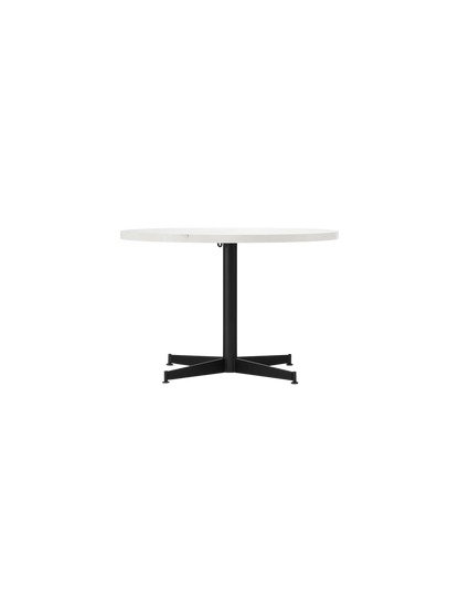 Front view of the Nook Lounge Table, featuring a white Estremoz marble top and a black powder-coated steel four-star base.