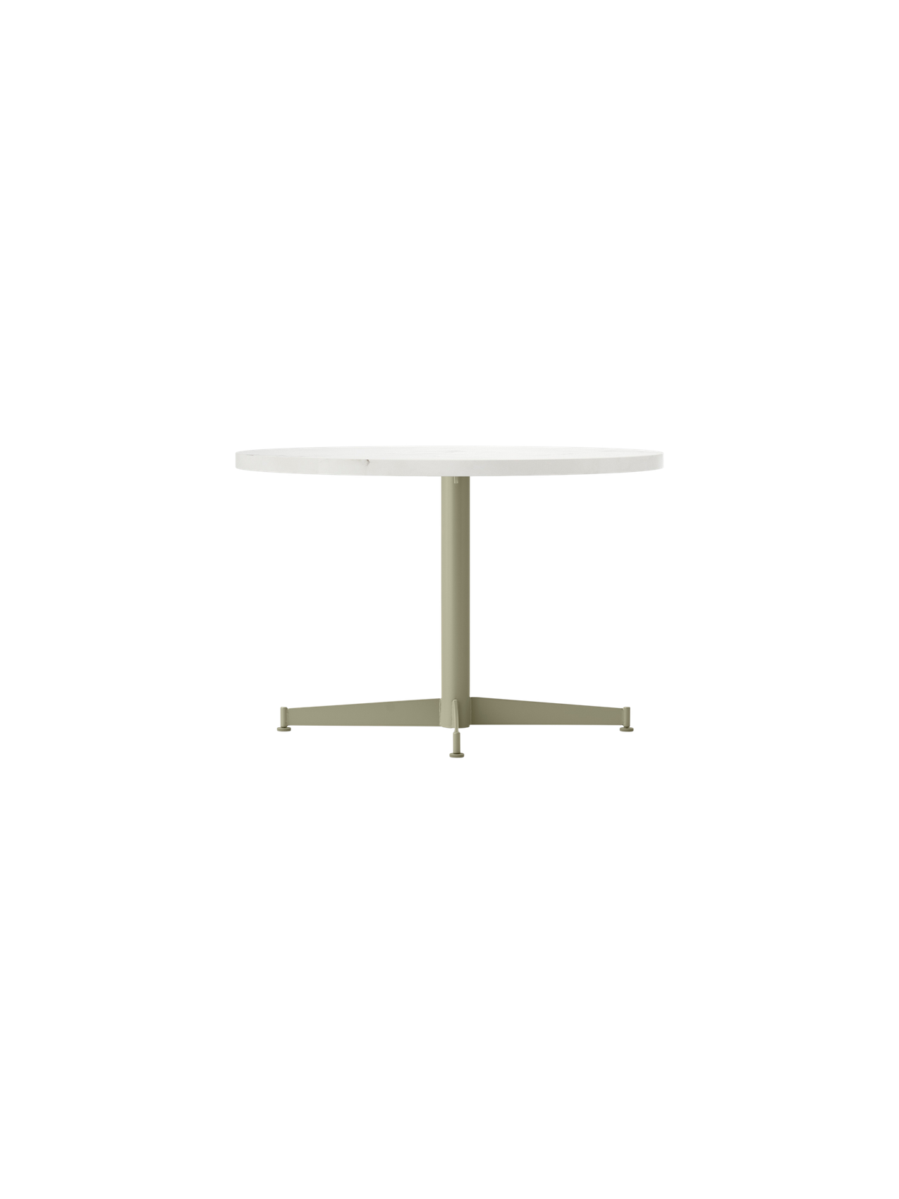 A front view of the Nook Lounge Table with a round, light-coloured tabletop and a slender, olive-coloured four-star base.