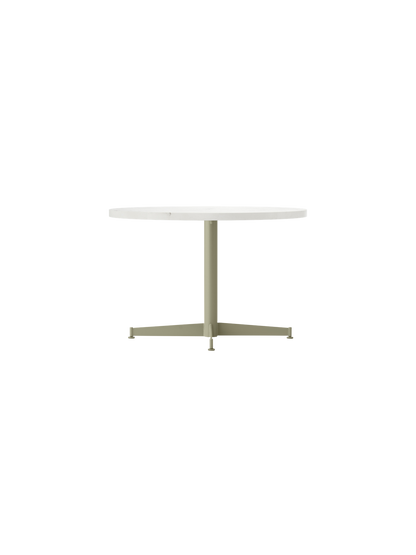 A front view of the Nook Lounge Table with a round, light-coloured tabletop and a slender, olive-coloured four-star base.