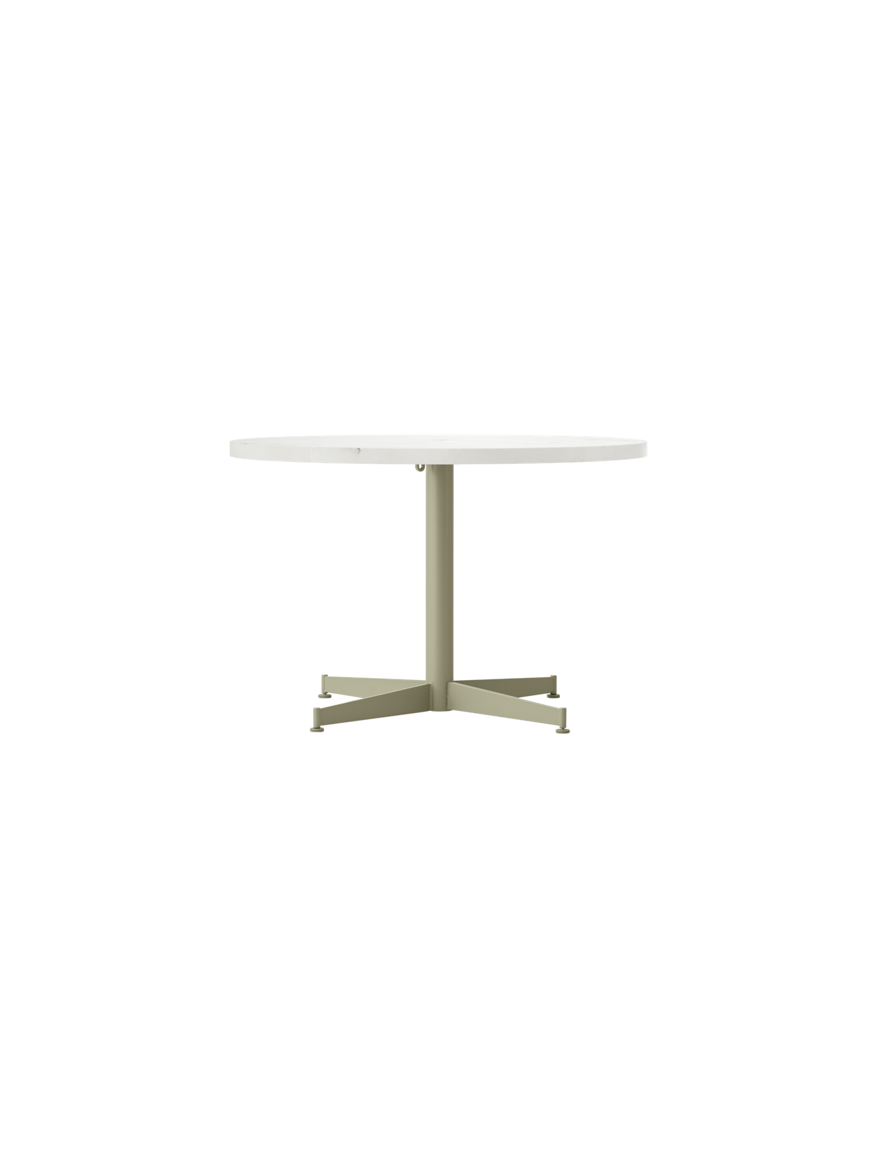 A front view of the Nook Lounge Table, featuring a round, white Estremoz marble top and an olive powder-coated steel base.