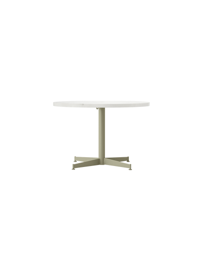 A front view of the Nook Lounge Table, featuring a round, white Estremoz marble top and an olive powder-coated steel base.