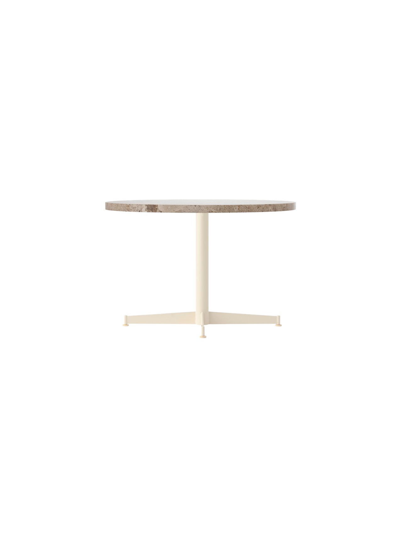 Angle view of the Nook Lounge Table with a round Kunis Breccia stone top and an ivory powder-coated steel four-star base.