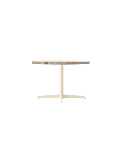 Angle view of the Nook Lounge Table with a round Kunis Breccia stone top and an ivory powder-coated steel four-star base.