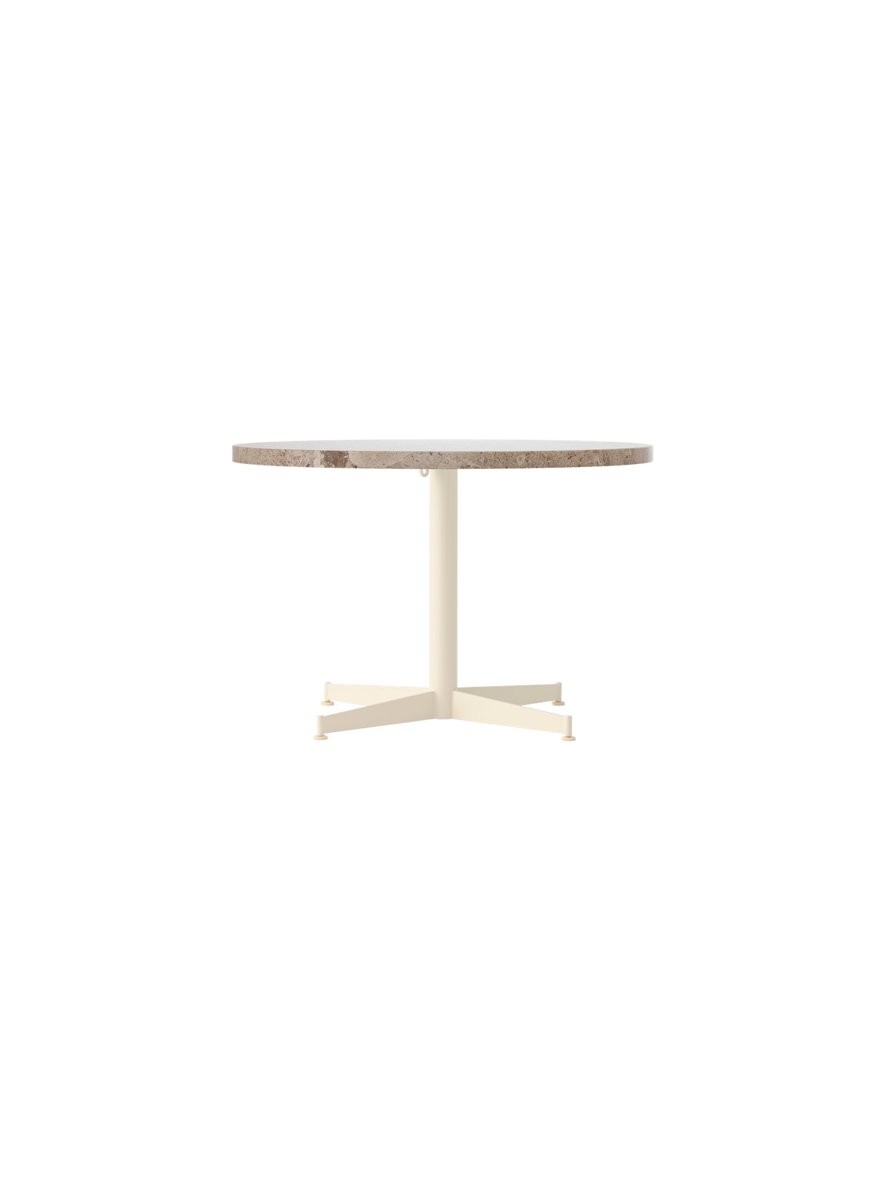 Front view of the Nook Lounge Table, featuring a round Kunis Breccia stone top and an ivory four-star pedestal base.
