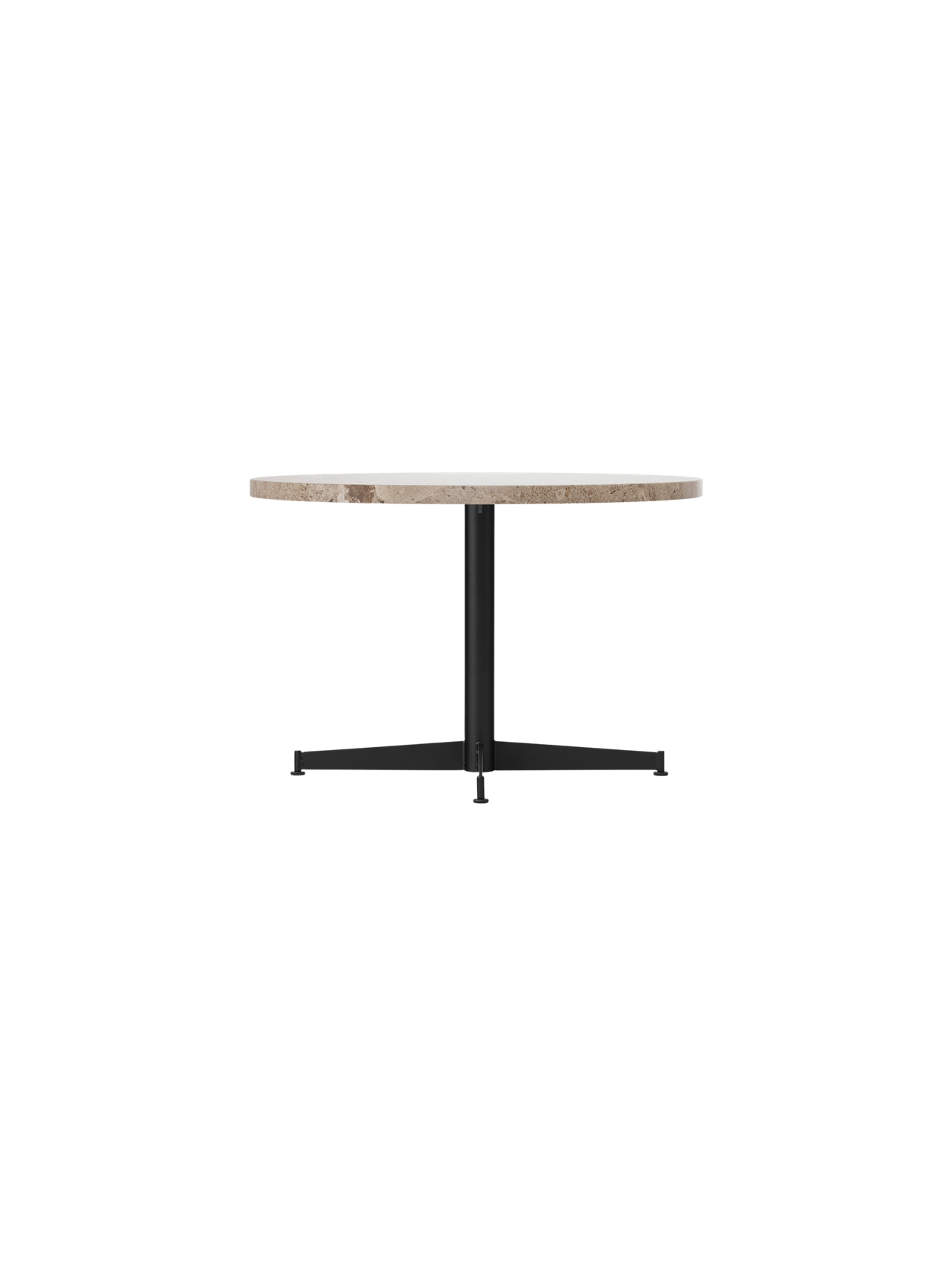 Angled view of the Nook Lounge Table, featuring a textured Kunis Breccia stone tabletop and a sleek black four-star base.