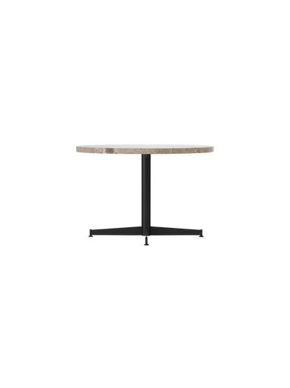 Angled view of the Nook Lounge Table, featuring a textured Kunis Breccia stone tabletop and a sleek black four-star base.