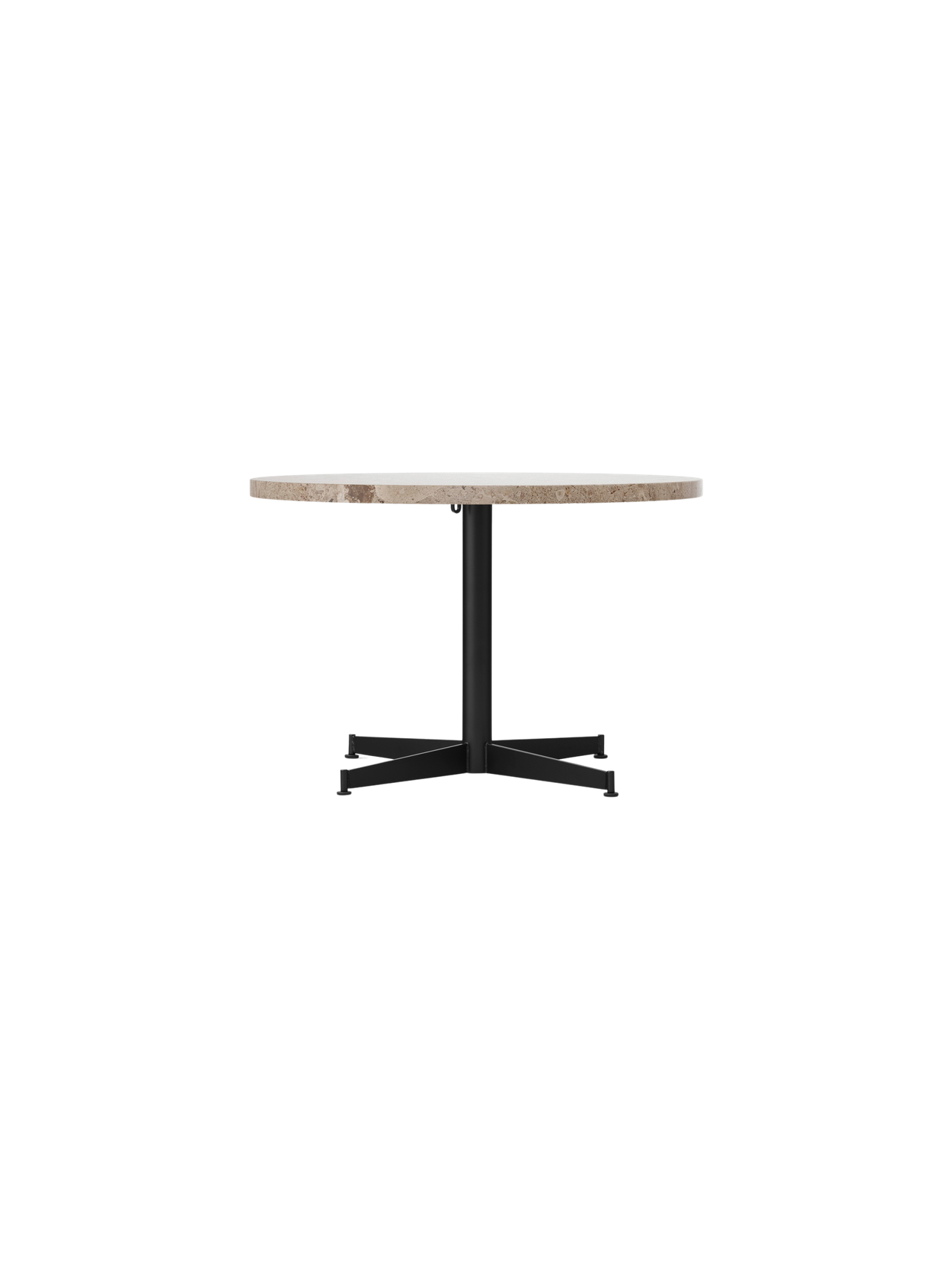 Front view of the Nook Lounge Table, featuring a round Kunis Breccia stone top and a slender black steel four-star base.