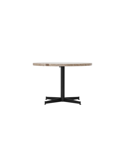 Front view of the Nook Lounge Table, featuring a round Kunis Breccia stone top and a slender black steel four-star base.