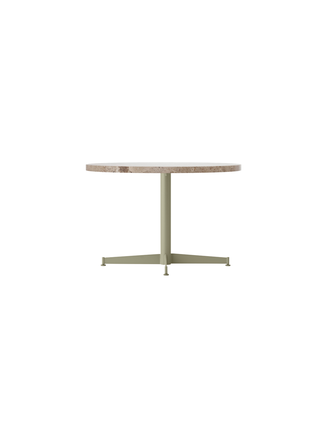 Side view of the Nook Lounge Table with a round Kunis Breccia stone top and an olive powder-coated steel four-star base.